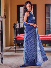 Indigo Moods. Dabu Hand Block Printed Mul Cotton Saree - Moonlit Garden