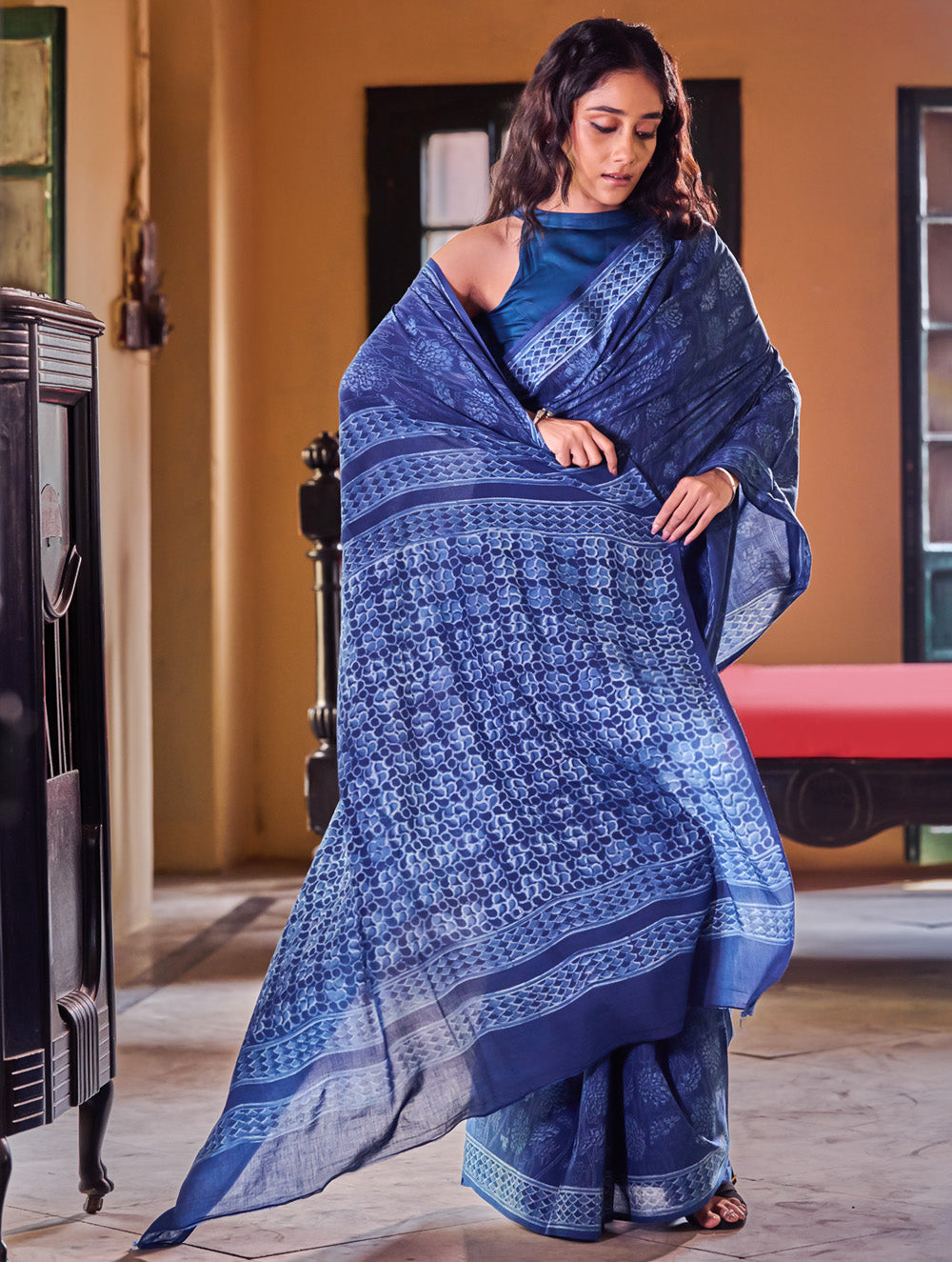 Indigo Moods. Dabu Hand Block Printed Mul Cotton Saree - Moonlit Garden