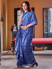 Indigo Moods. Dabu Hand Block Printed Mul Cotton Saree - Moonlit Garden