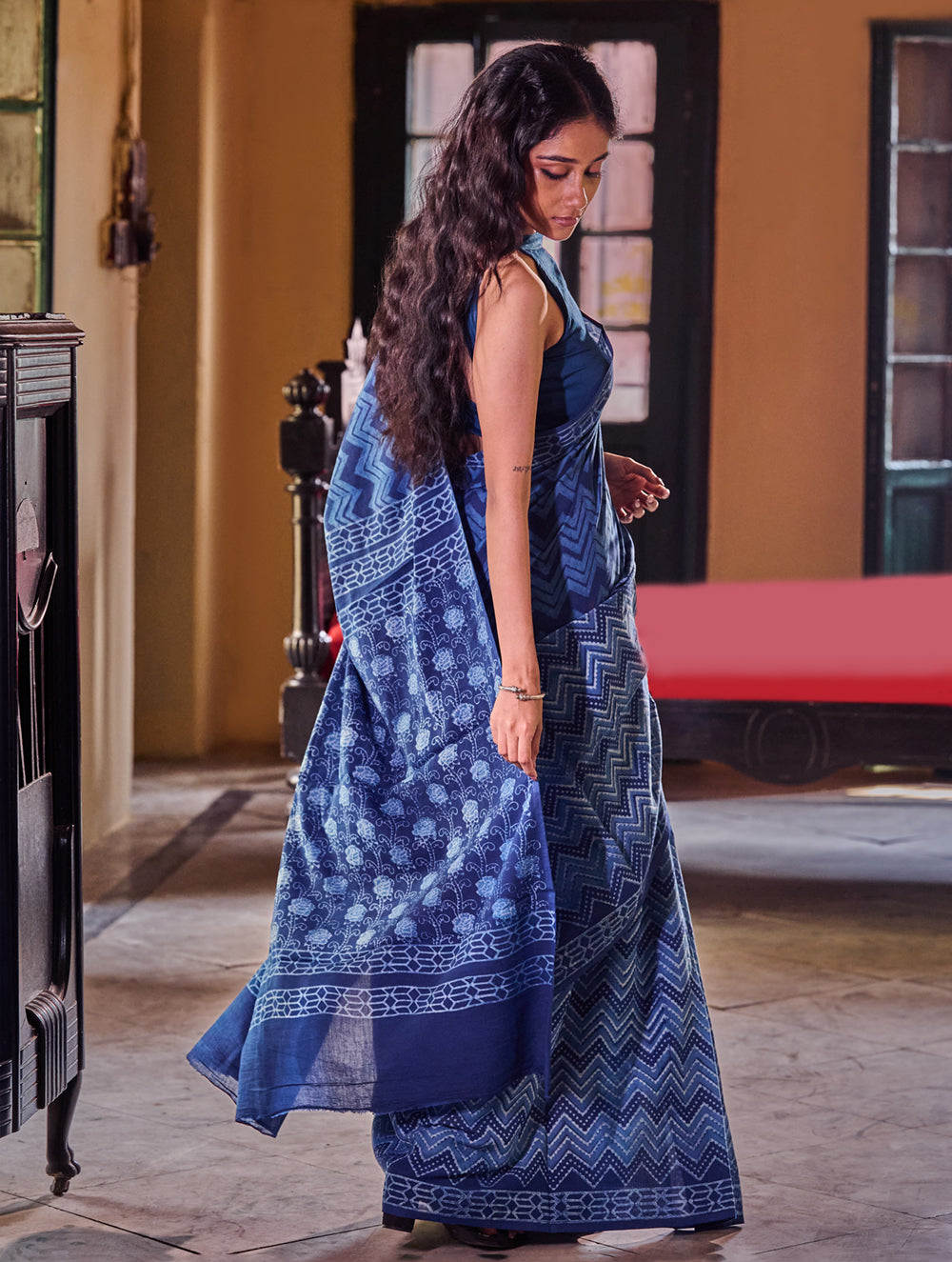 Indigo Moods. Dabu Hand Block Printed Mul Cotton Saree - Chevron