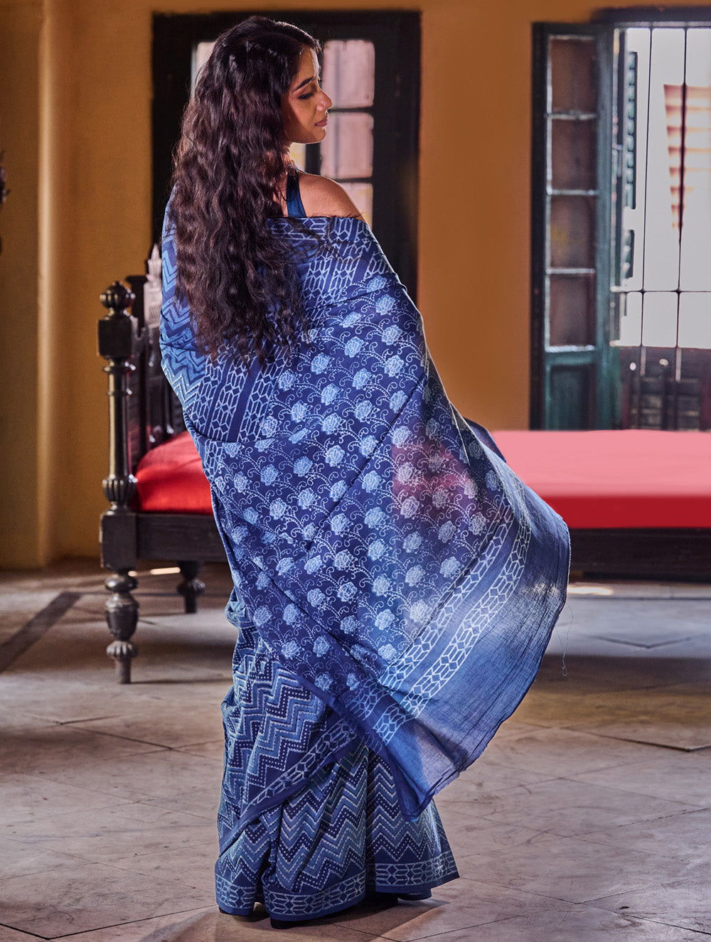 Indigo Moods. Dabu Hand Block Printed Mul Cotton Saree - Chevron