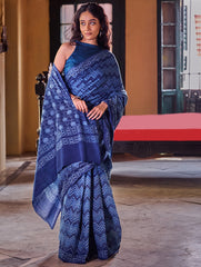 Indigo Moods. Dabu Hand Block Printed Mul Cotton Saree - Chevron