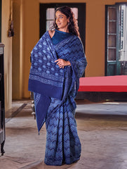 Indigo Moods. Dabu Hand Block Printed Mul Cotton Saree - Chevron