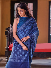 Indigo Moods. Dabu Hand Block Printed Mul Cotton Saree - Chevron