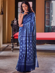 Indigo Moods. Dabu Hand Block Printed Mul Cotton Saree - Chevron