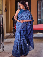 Indigo Moods. Dabu Hand Block Printed Mul Cotton Saree - Chevron