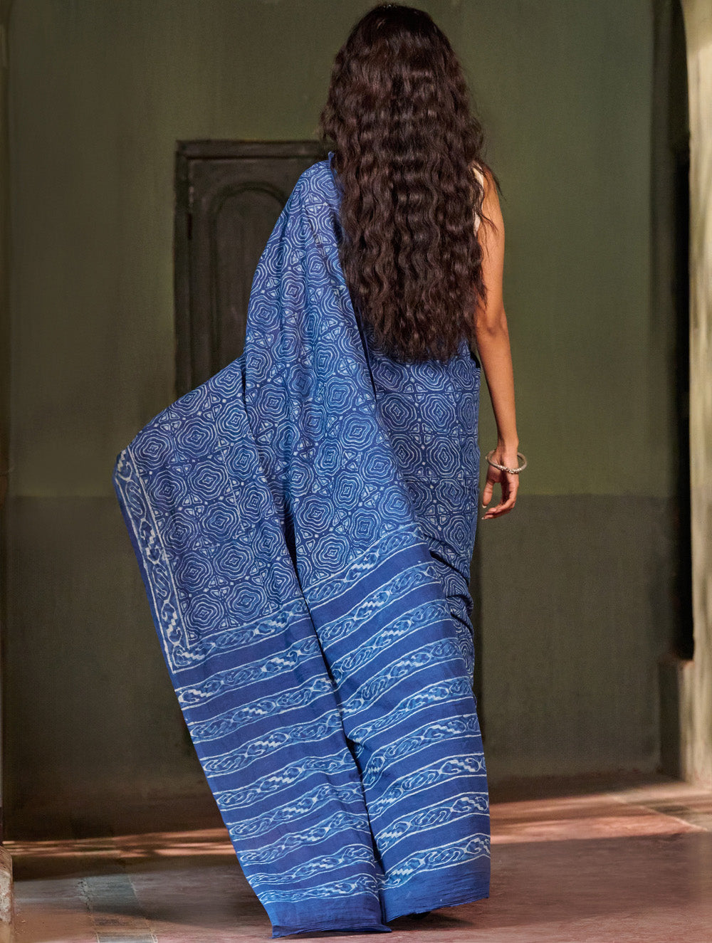Indigo Moods. Dabu Hand Block Printed Mul Cotton Saree - Echo Ripple
