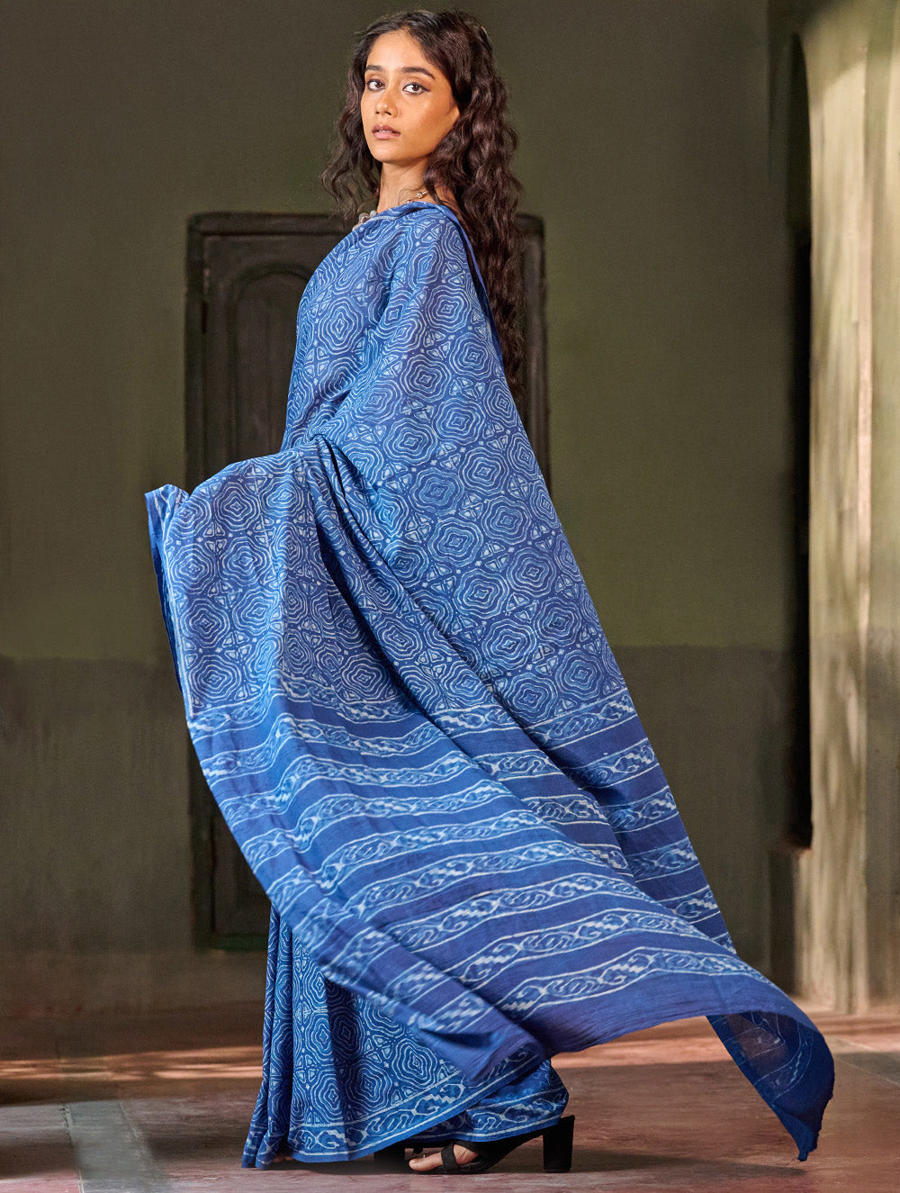 Indigo Moods. Dabu Hand Block Printed Mul Cotton Saree - Echo Ripple