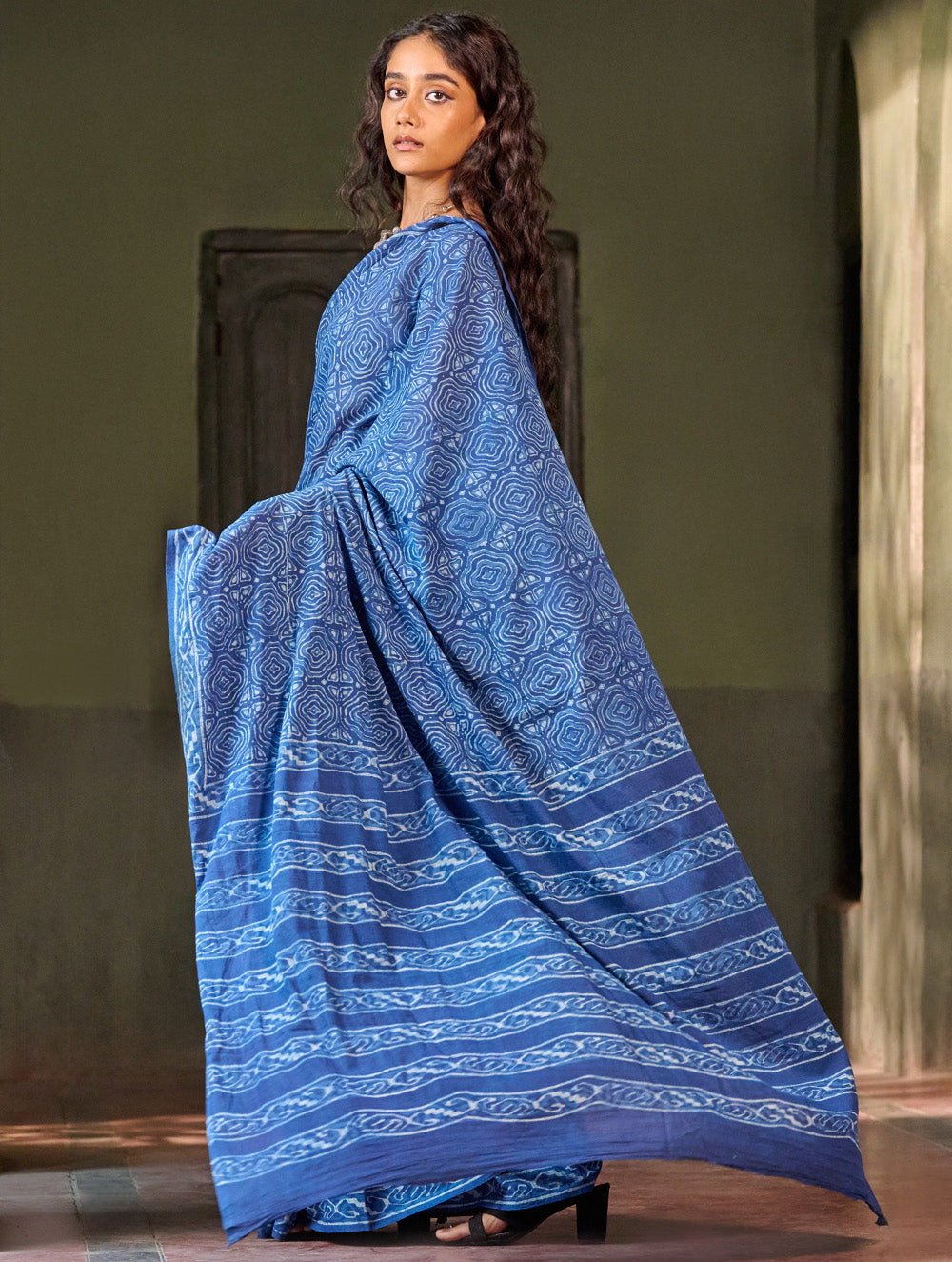 Indigo Moods. Dabu Hand Block Printed Mul Cotton Saree - Echo Ripple