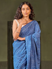 Indigo Moods. Dabu Hand Block Printed Mul Cotton Saree - Echo Ripple