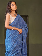 Indigo Moods. Dabu Hand Block Printed Mul Cotton Saree - Echo Ripple