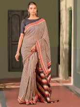 Bagru Statements: Striking Bagru Hand Block Printed Chanderi Saree - Charcoal Stripes