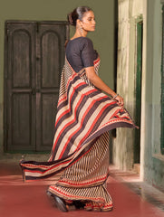 Bagru Statements: Striking Bagru Hand Block Printed Chanderi Saree - Charcoal Stripes