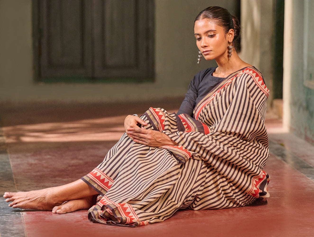 Bagru Statements: Striking Bagru Hand Block Printed Chanderi Saree - Charcoal Stripes