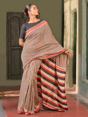 Bagru Statements: Striking Bagru Hand Block Printed Chanderi Saree - Charcoal Stripes