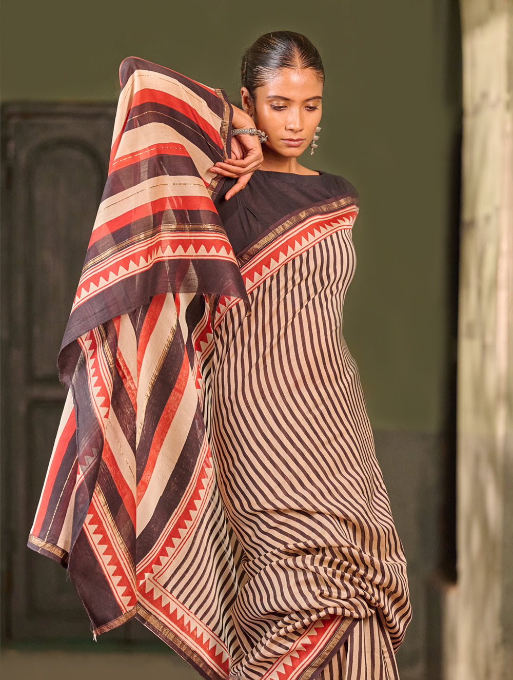 Bagru Statements: Striking Bagru Hand Block Printed Chanderi Saree - Charcoal Stripes