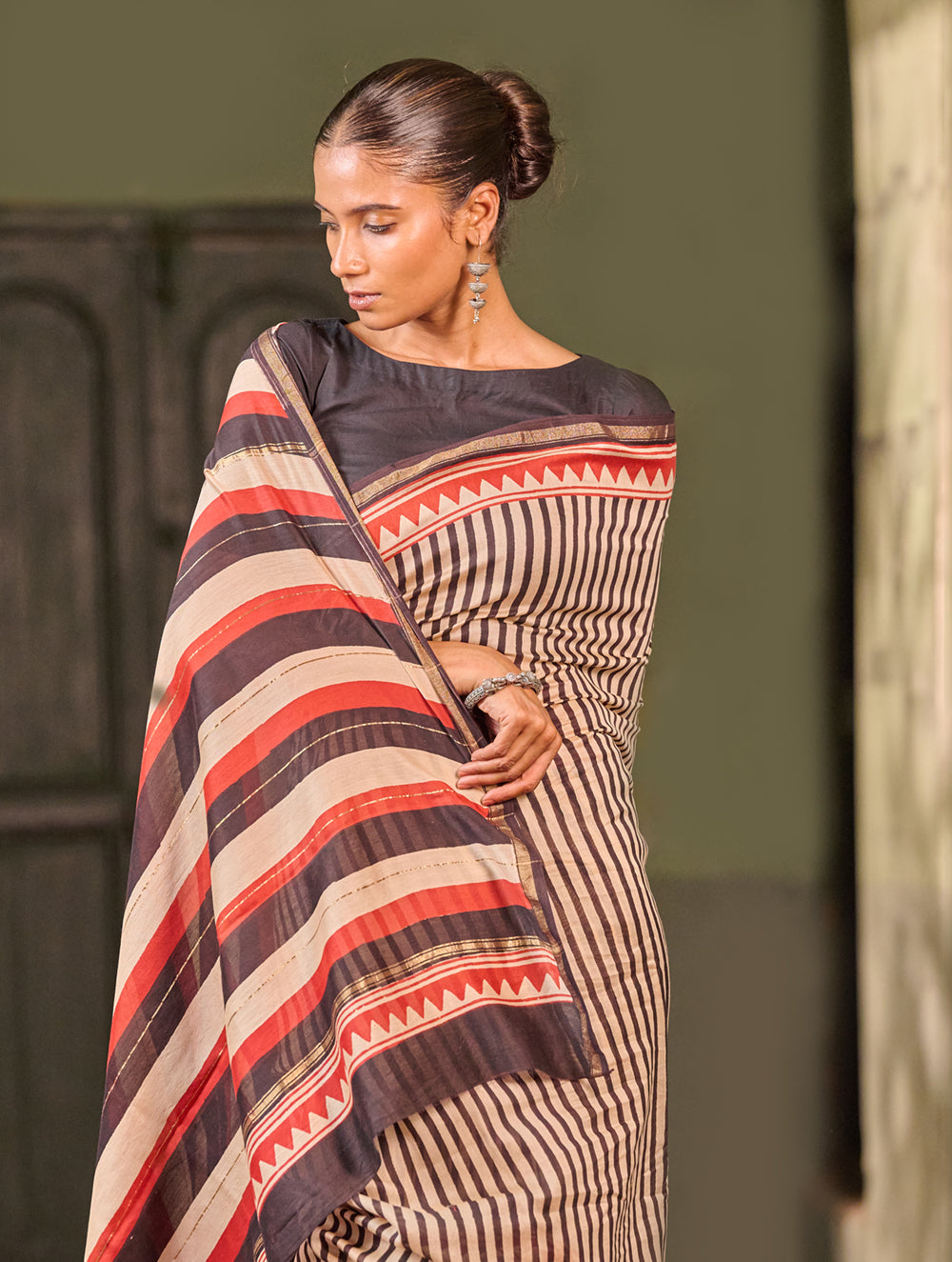 Bagru Statements: Striking Bagru Hand Block Printed Chanderi Saree - Charcoal Stripes