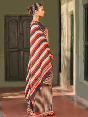 Bagru Statements: Striking Bagru Hand Block Printed Chanderi Saree - Charcoal Stripes