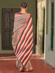 Bagru Statements: Striking Bagru Hand Block Printed Chanderi Saree - Charcoal Stripes