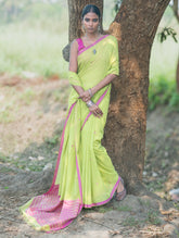Bengal Weaves. Handwoven Soft Mul Cotton Saree - Pink Parrot