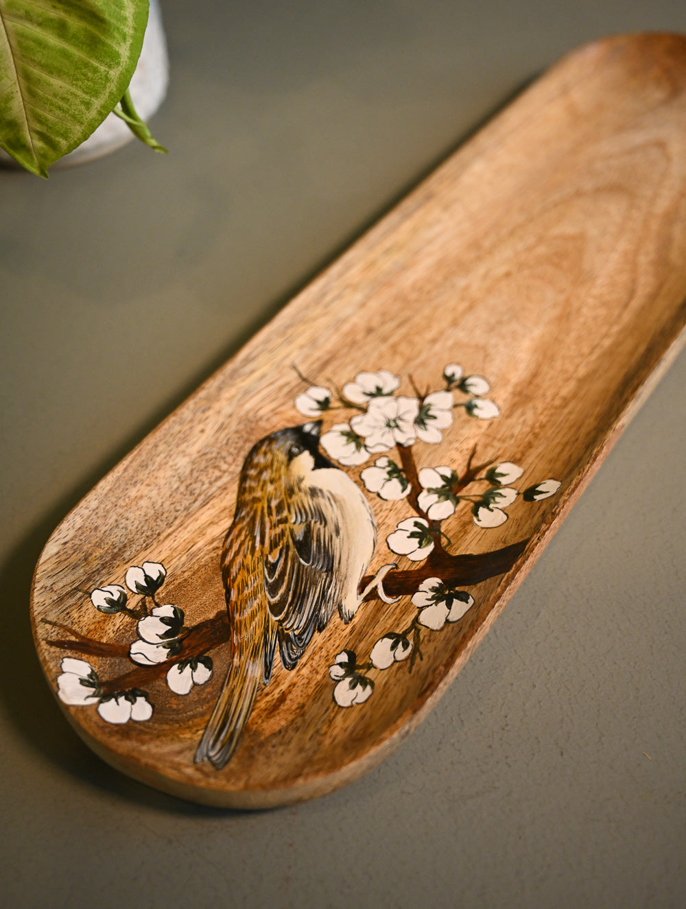 The Pahadi Serveware : Handmade Uttarakhand Wooden Long Tray - Bird and Blossoms