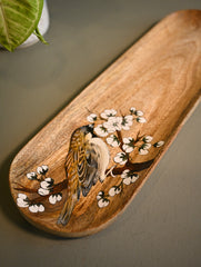 The Pahadi Serveware : Handmade Uttarakhand Wooden Long Tray - Bird and Blossoms