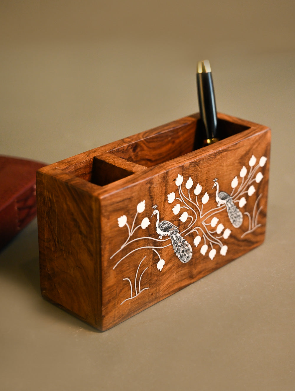 Handcrafted Wood Inlay Desk Organiser - White Peacocks