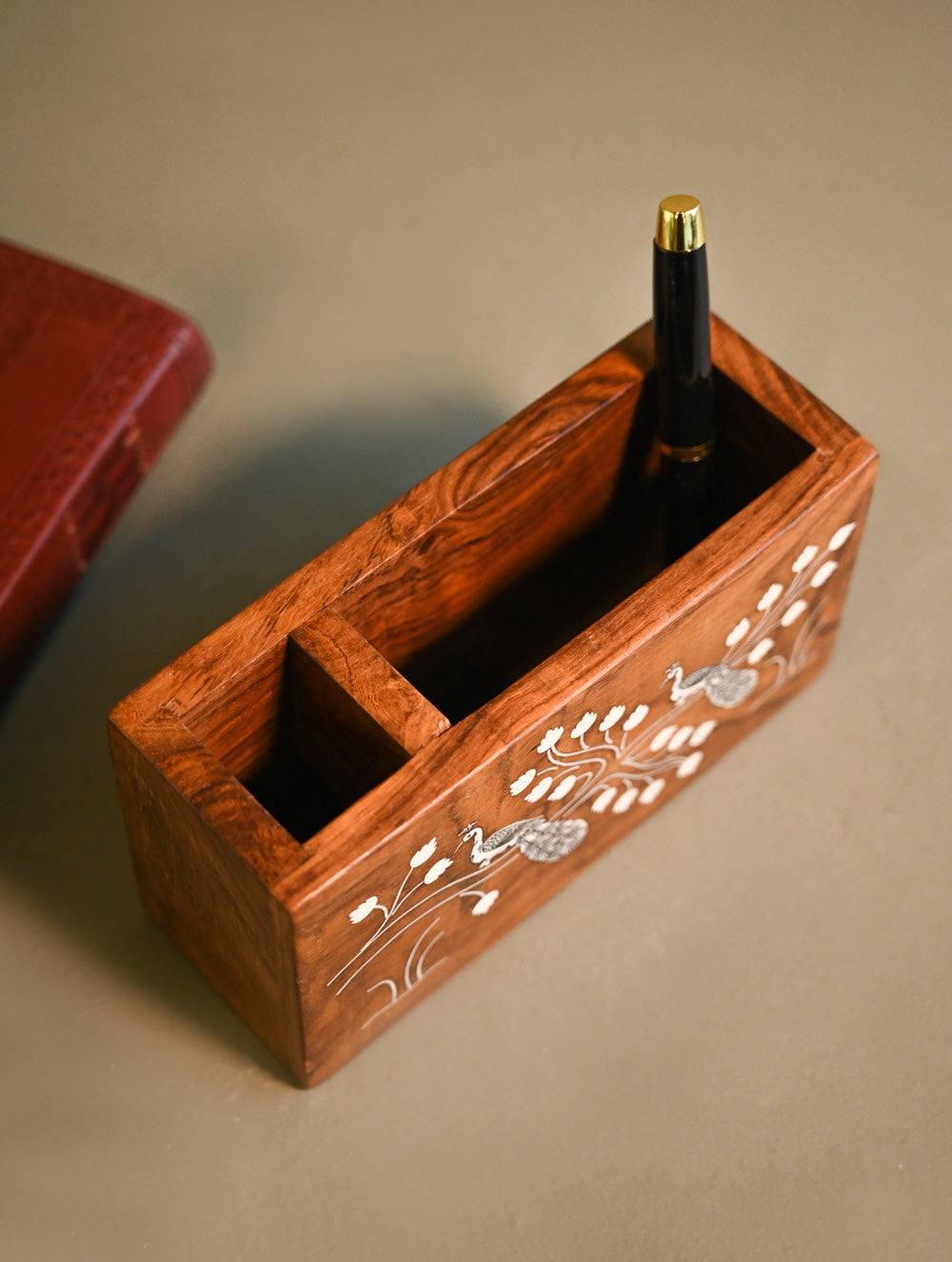 Handcrafted Wood Inlay Desk Organiser - White Peacocks