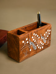 Handcrafted Wood Inlay Desk Organiser - White Peacocks