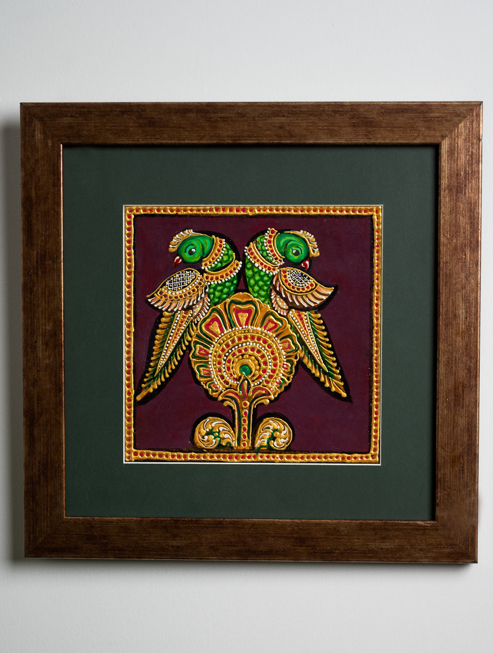 Tanjore Art Framed Painting - The Parrots, 11"