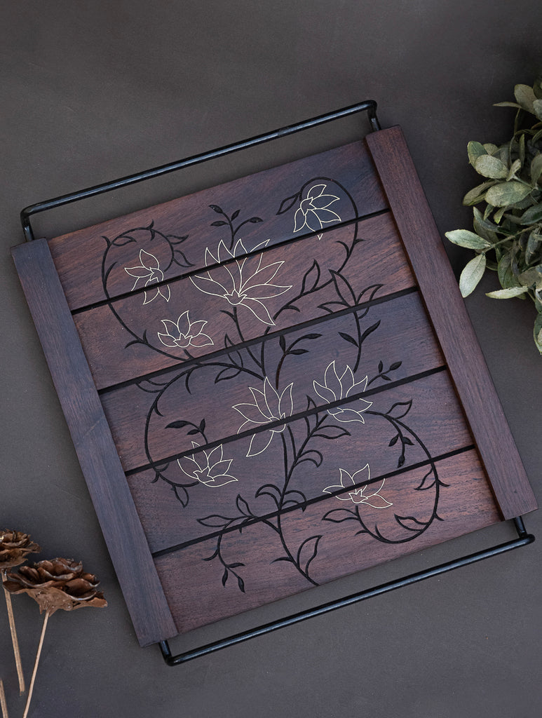 Tarakashi Wooden Inlay Decorative Tray- Floral
