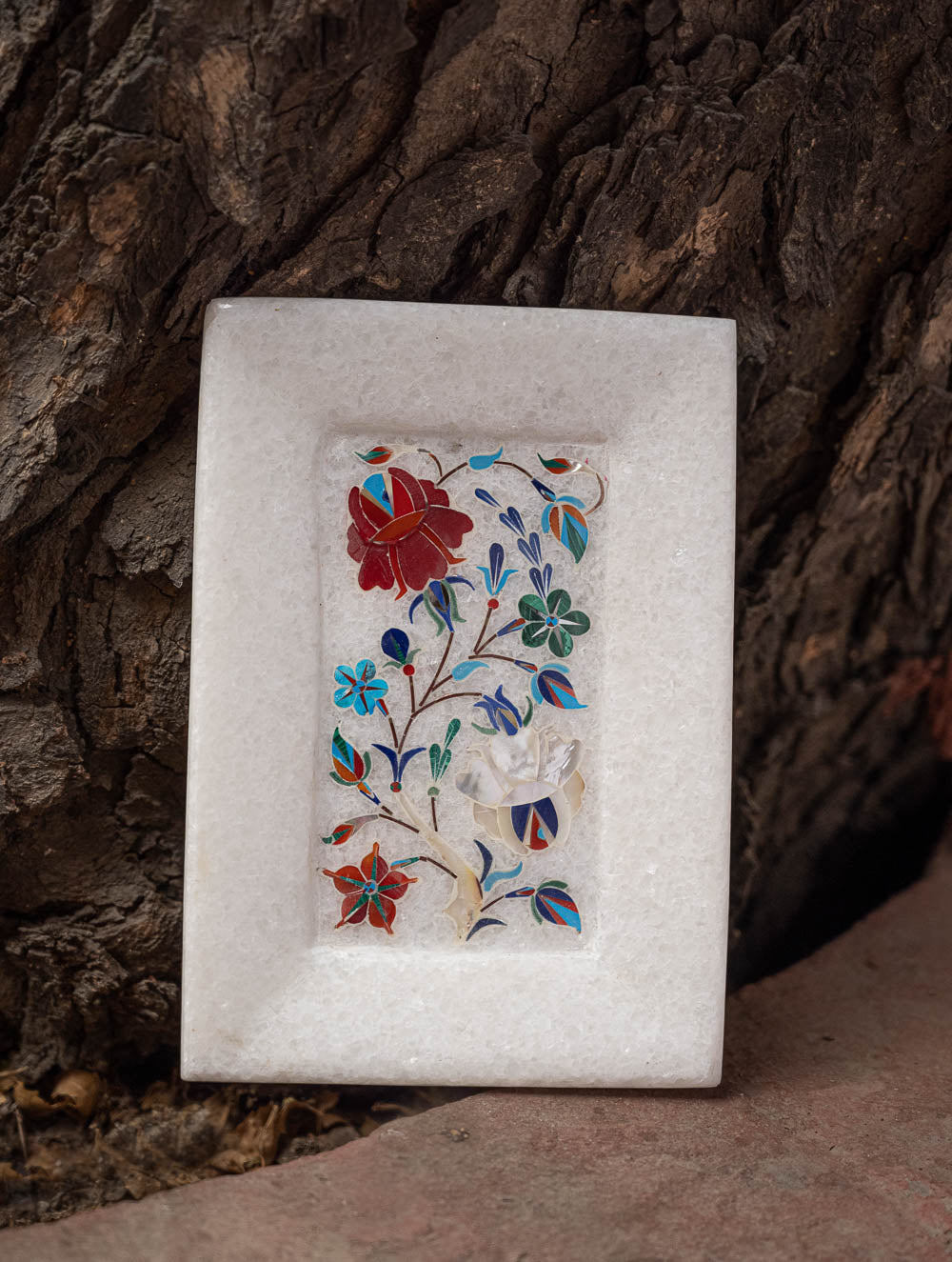 The Gulraiz Collection. Exclusive Blooms Marble Inlay Tray (6" x 4'')