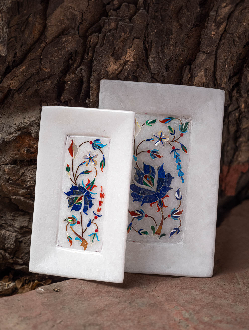 The Gulraiz Collection. Exclusive Blue Bloom Marble Inlay Trays (Set of Two)