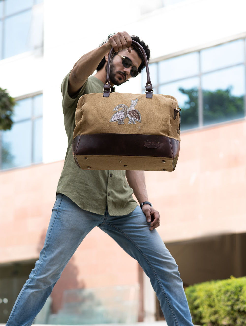 The Kantha & Canvas Duffle Bag - Khakhi Peacocks