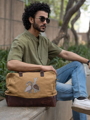 The Kantha & Canvas Duffle Bag - Khakhi Peacocks