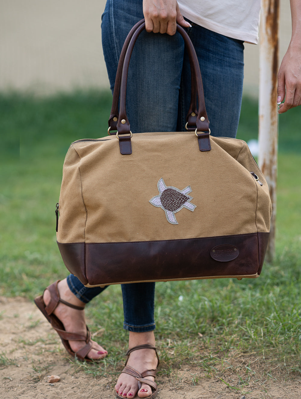 The Kantha & Canvas Duffle Bag - Khakhi Turtle