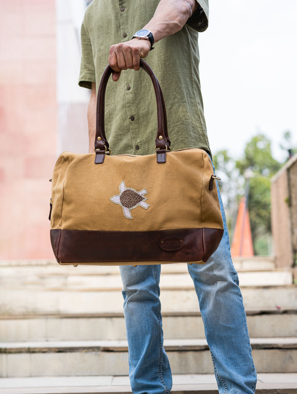 The Kantha & Canvas Duffle Bag - Khakhi Turtle