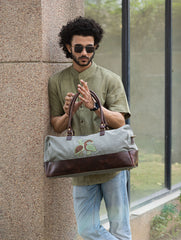 The Kantha & Canvas Duffle Bag - Olive Peacocks