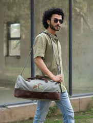 The Kantha & Canvas Duffle Bag - Olive Peacocks