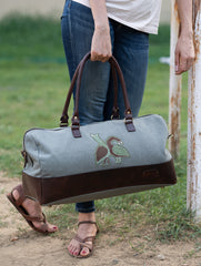 The Kantha & Canvas Duffle Bag - Olive Peacocks