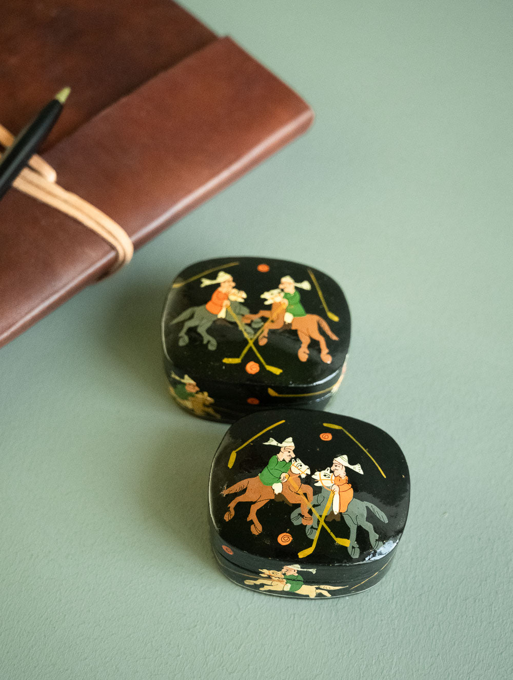 The Shahi Collection. Exclusive, Fine Kashmiri Art Decorative Boxes - Polo in Black (Set of 2)