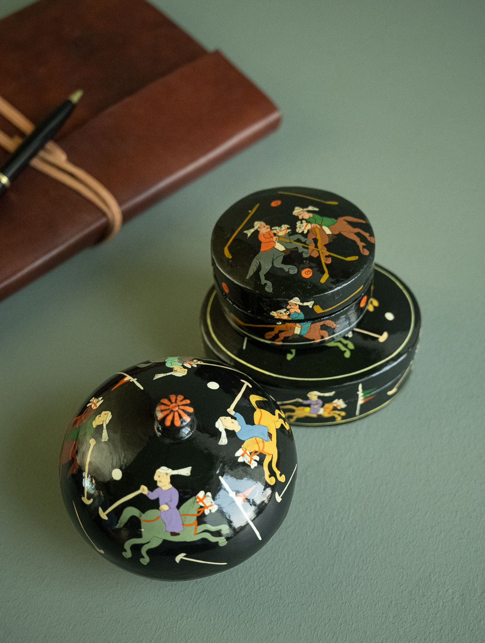 The Shahi Collection. Exclusive, Fine Kashmiri Art Decorative Boxes - Polo in Black (Set of 3)