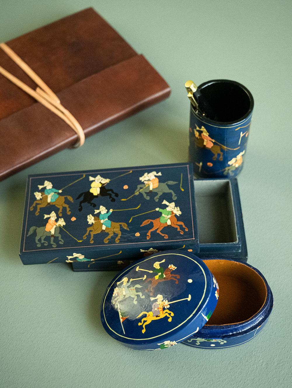 The Shahi Collection. Exclusive, Fine Kashmiri Art Decorative Desk Set - Blue Polo (Set of Three)