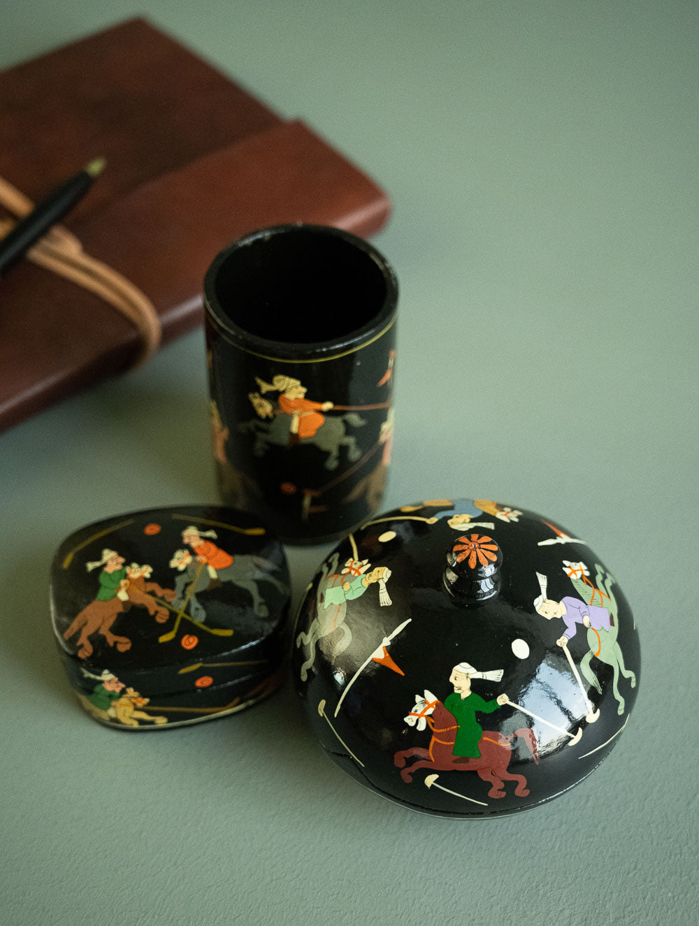 The Shahi Collection. Exclusive, Fine Kashmiri Art Decorative Desk Set - Polo in Black (Set of 3)
