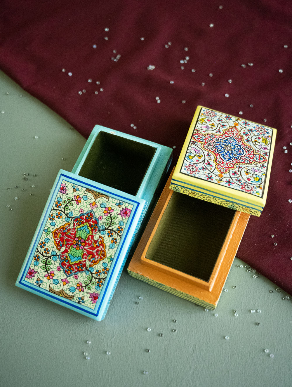 The Shahi Collection. Exclusive, Fine Kashmiri Art Utility Boxes - Noorani (Small, Set of 2)