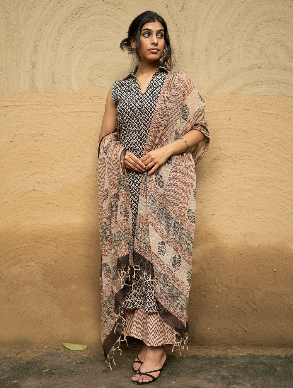 The Work Edit. Bagru Hand Block Printed Cotton Full Kurta Set - Black Buds (3 pc set)