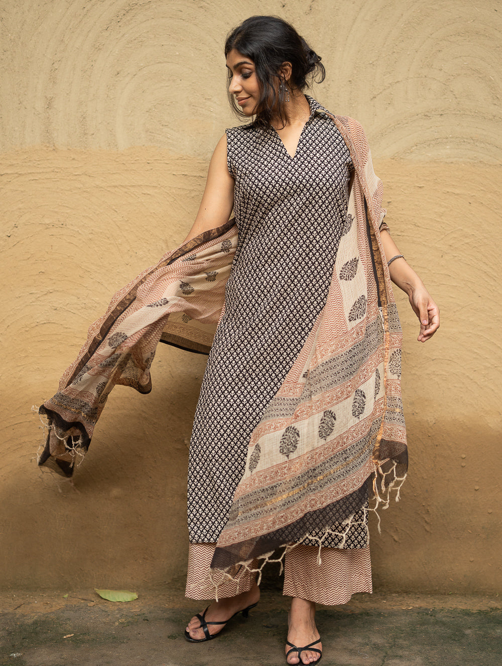 The Work Edit. Bagru Hand Block Printed Cotton Full Kurta Set - Black Buds (3 pc set)