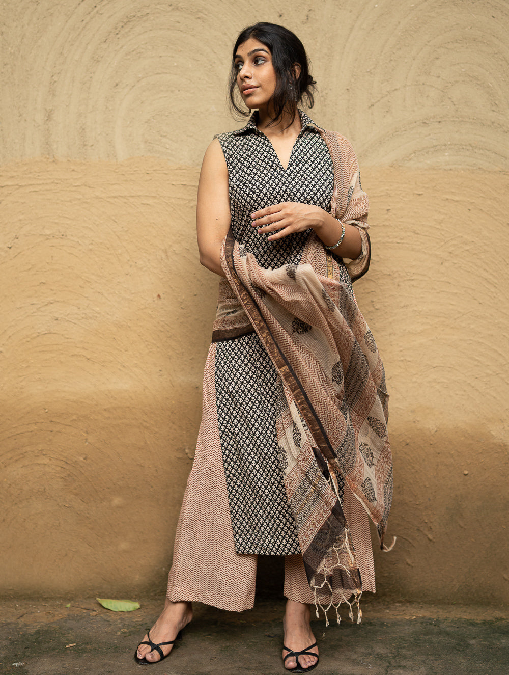 The Work Edit. Bagru Hand Block Printed Cotton Full Kurta Set - Black Buds (3 pc set)