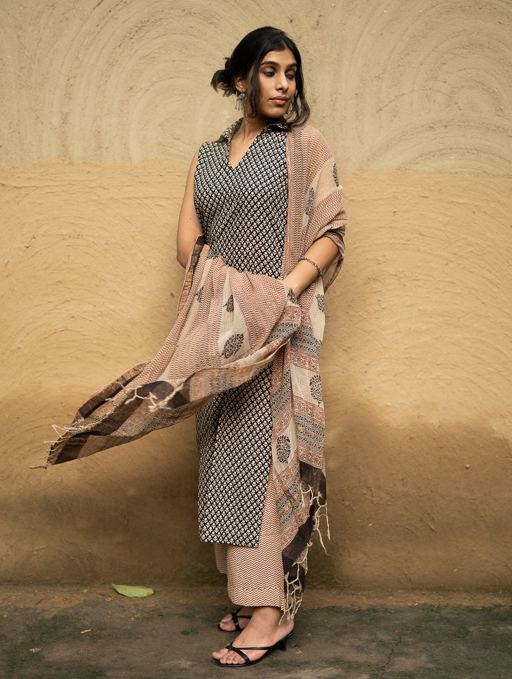 The Work Edit. Bagru Hand Block Printed Cotton Full Kurta Set - Black Buds (3 pc set)