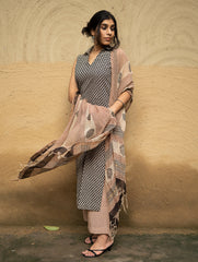 The Work Edit. Bagru Hand Block Printed Cotton Full Kurta Set - Black Buds (3 pc set)